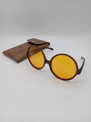 Vintage Sunglasses Brown Frame Yellow Lens 50s Unisex Round Disco Hippie w/ Case - Image 1 of 4