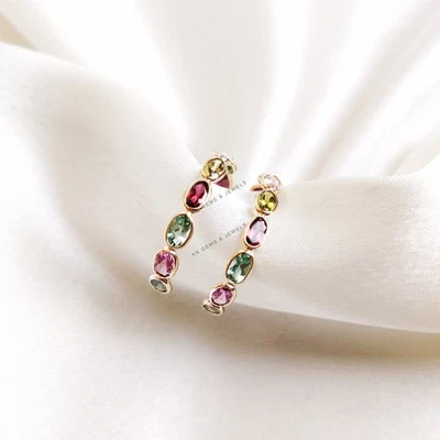 4.12ct Natural Tourmaline Hoop Earrings 14K Gold Oval Cut Dainty Birthstone - Image 1 of 4