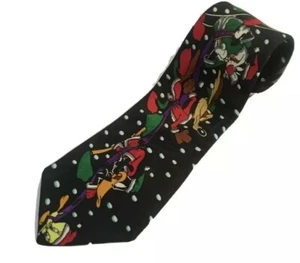 Cravatta natalizia vintage Looney Tunes Mania slitta Taz Babbo Natale 1993 poliestere nero - Foto 1 di 7
