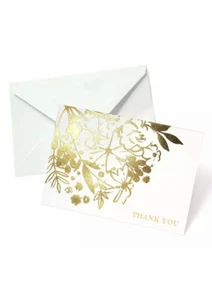 Mara Mi Thank You Note Cards Blank 50 Count Set w/ Envelopes - White/Gold Floral - Picture 1 of 4