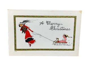 Vintage A Merry Christmas Postcard Embossed Woman Pulls Child On Sled Snowballs - Picture 1 of 3
