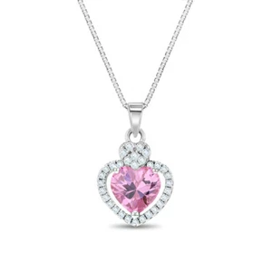 925 Sterling Silver Pink & Clear Cubic Zirconia Heart Pendant Necklace for Girls - Picture 1 of 5