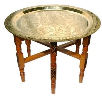 Handmade Moroccan 16" Round Brass Tray Tea Table with folding Wood Stand - Photo 1/4