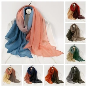 Women Multi Color Linen Cotton Scarf Twill Pleated Shawl Wrap Long Wide Scarves - Picture 1 of 12
