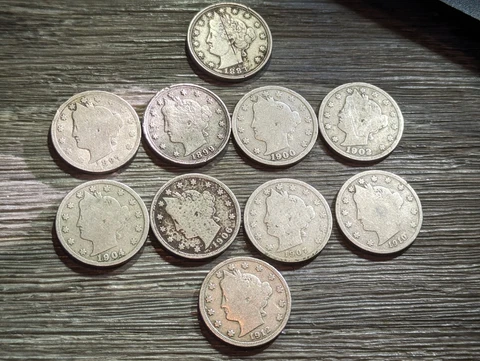 Ten Liberty V Nickels (Incl - 1883, 1897, 1899); All Different Dates....   E1#27 Cover