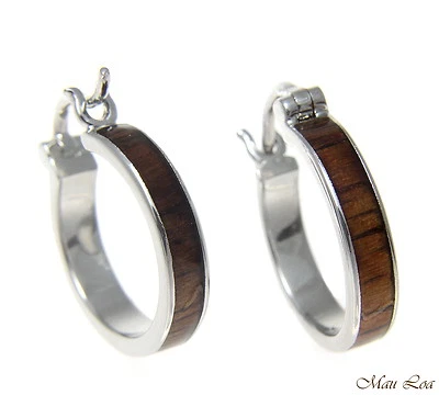 Pendientes de aro redondo de latón chapado en rodio hawaiano de madera de Koa de 19 mm con cierre a presión Foto 1 de 3