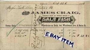 1880 BILLHEAD Detroit Michigan JAMES CRAIG Salt Fish WOODWARD AVE & BATES STREET - Picture 1 of 1