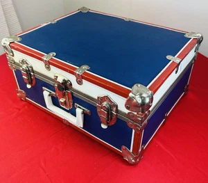 Valigia rigida vintage valigia palco prop viaggio clown rosso bianco blu USA MCM - Foto 1 di 10