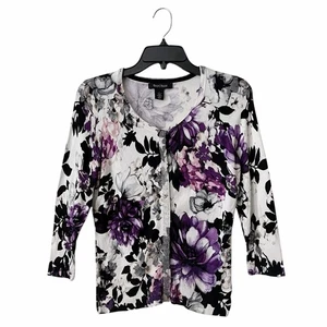 White House Black Market Blumen Strickjacke Damen Gr. S lila 3/4 Arm Druckknopf - Bild 1 von 6
