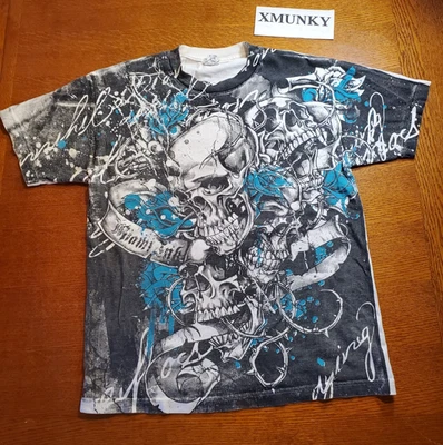 Camiseta De Colección Y2K Miami Tinta Calavera Flor Graffiti Tatuaje Estampado Completo AOP Med Foto 1 de 4