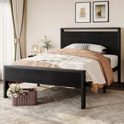  14 Inch Size Metal Platform Bed Frame with Wooden Headboard and Twin Black Oak - Image 1 of 4
