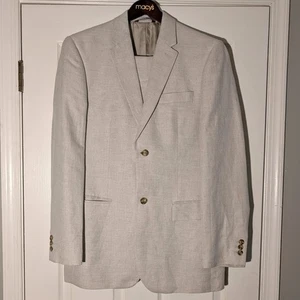 Perry Ellis 2 Piece Linen Blend Suit Men's Size 40R Beige Herringbone 34x30 Pant - Picture 1 of 17