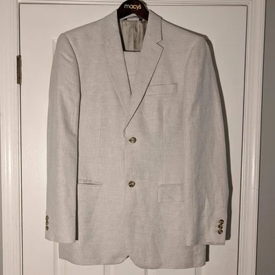 Perry Ellis 2 Piece Linen Blend Suit Men's Size 40R Beige Herringbone 34x30 Pant - Image 1 of 4