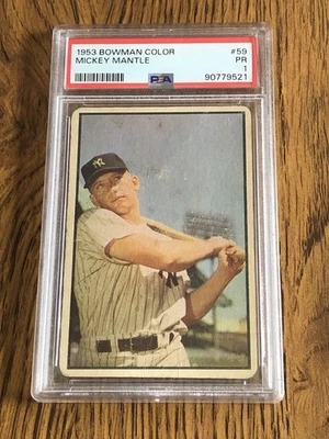 Tarjeta icónica vintage Bowman Color Mickey Mantle #59 Yankees HOF Legend 1953 PSA 1 Foto 1 de 4