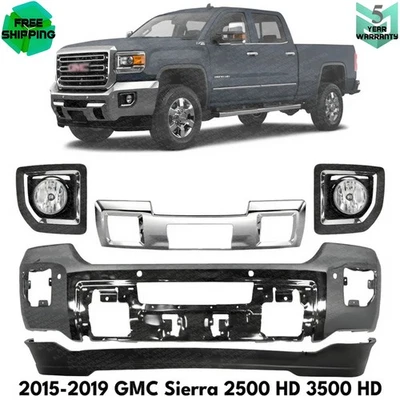 Front Bumper Chrome & Fog Lights Kit For 2015-2019 GMC Sierra 2500 HD 3500 HD Foto 1 de 4