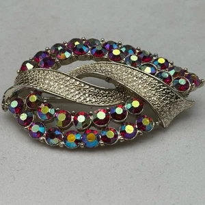 Vintage Aurora Borealis Glass Rhinestone Silver-Tone Aluminium Brooch Pin - Picture 1 of 12