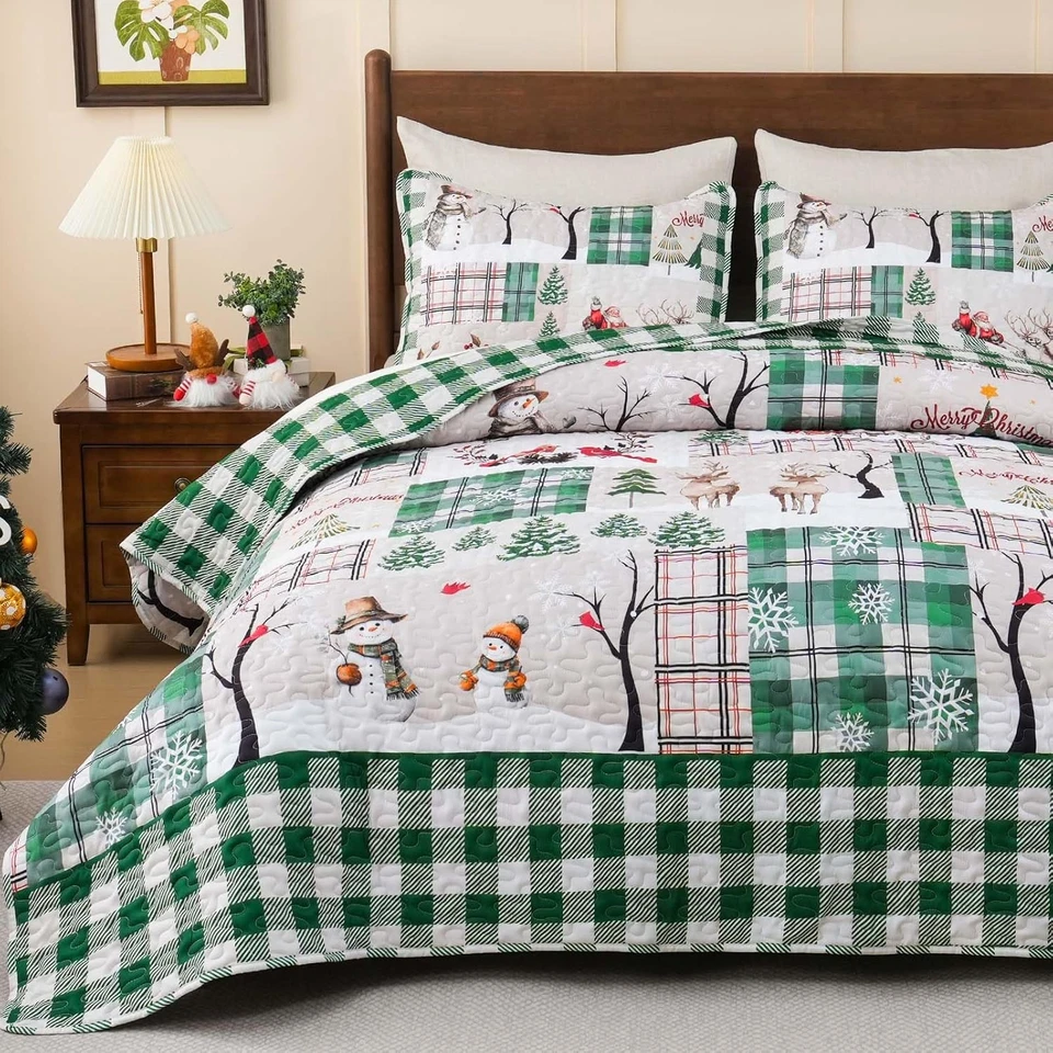 Christmas Quilt Queen Bedding Set, 3 Pieces Rustic Patchwork Quilt Set Reversibl - Image 1 of 4