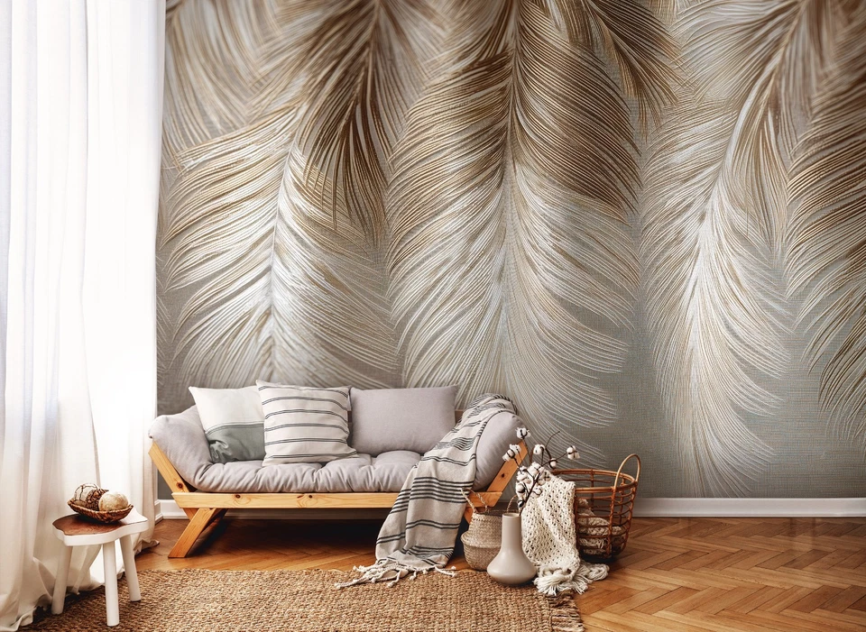 Papier Peint Intissé Panoramique Plumes Blanc Beige XXL Chambre et Salon 12 - Photo 1/4