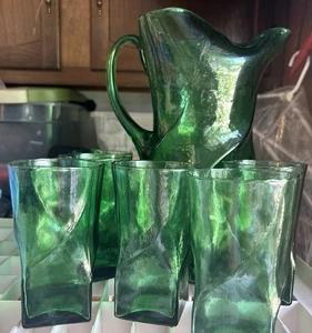 Morgantown Swirl Green Mid Century Modern Art Glass Water Pitcher and 6 glasses - Picture 1 of 1