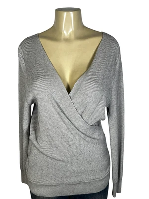 Suéter Harley Davidson para mujer gris medio envolvente sobrepelliz cuello en V tejido acanalado Foto 1 de 4