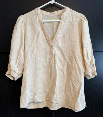 Blusa Lilly Pulitzer Mialeigh manga codo 100 % lino barra de arena tostada talla 10 Foto 1 de 4