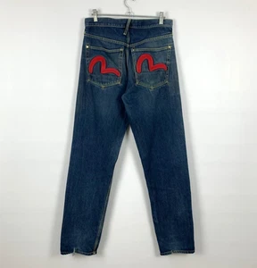 Vintage Evisu Red Logo Embroidery 90s Blue Denim Washing Western Jeans size 34 - Picture 1 of 14
