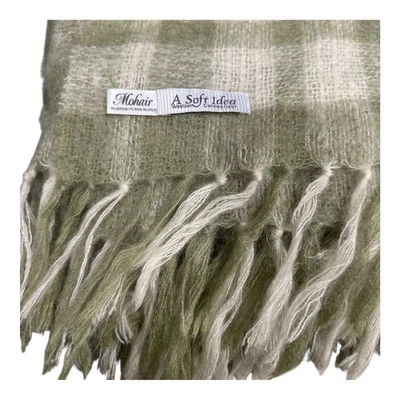 Manta de mohair y lana Throw A Soft Idea EE. UU. Flecos Verde Salvia Marfil Cuadros 72x58 Foto 1 de 4