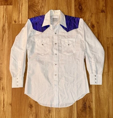 H Bar C California Ranchwear жемчуг Snap белый фиолетовый винтажный мужской 15 1/2 33 - Изображение 1 из 4