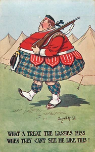 Postal de humor firmada por el artista Donald McGill Fat Scotsman con rifle A1468 - Imagen 1 de 2