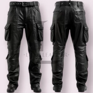 Pantalón de cuero genuino de piel de cordero para hombre bolsillos de carga verano café corredor punk pantalón - Imagen 1 de 2