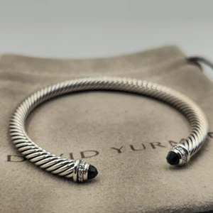 David Yurman Sterling Cable Bracelet Black - Onyx & Diamonds 5mm,Size Medium - Picture 1 of 6