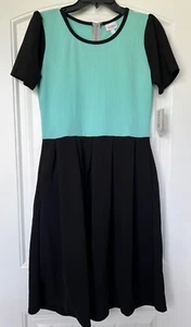 LuLaRoe Dress Large Midi Fit and Flare Teal Black Zip Pockets Stretchy Amelia - Picture 1 of 14