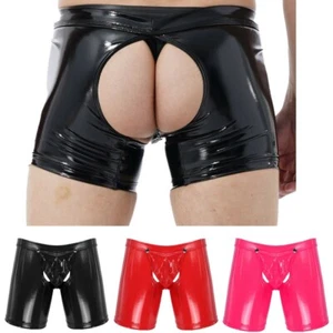 Pantalones cortos ajustados sin entrepierna de látex PVC cuero sintético para hombre - Imagen 1 de 41