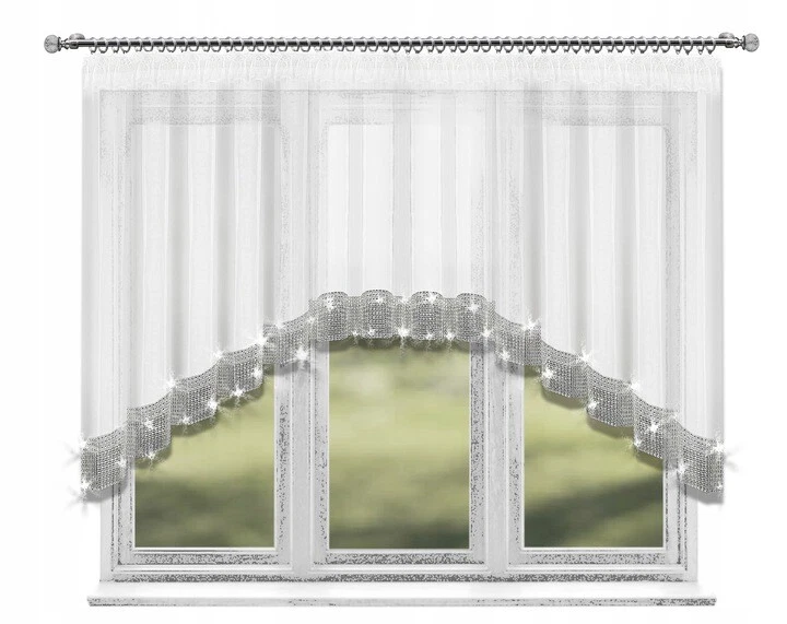 Fenstergardine Weiß Gardine 300/400x120 cm  Zirkonia Silber Band Fertiggardine - Bild 1 von 3