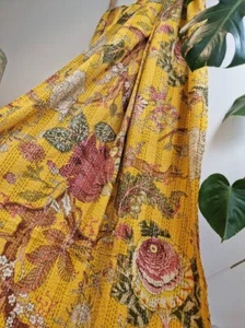 Indien Yellow Floral Print Kantha Quilt Twin Cotton Blanket Vintage Bedspread US - Picture 1 of 4