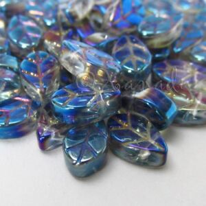 Glass Leaves 11mm Wholesale Blue Aurora Borealis  Beads G3309 - 20, 50 Or 100PCs