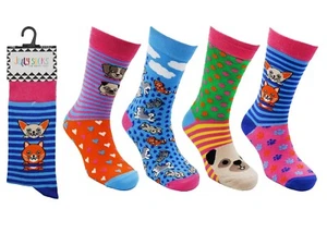 Ladies 4 Pair Pack Jolly Socks - Crew Socks with Colourful Novelty Funny Design - Picture 1 of 7