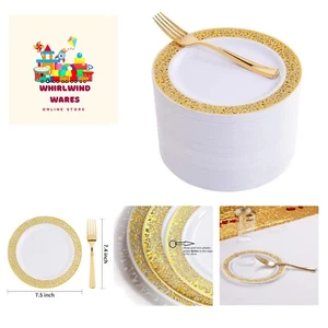 100pcs Gold Dessert Plates 7.5" with 100 Pieces Disposable Forks 7.4", Lace D... - Picture 1 of 8
