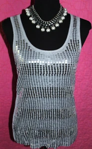 YOUNIQUE Gray Tank Top Silver Sequin Sz M Fine Cotton Knit Party Sleeveless Tee - Picture 1 of 4