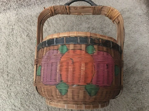Vintage Painted Wicker Basket with Painted Fruit Motif Cover