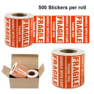 2"x3" Fragile Stickers 500/Roll "HANDLE WITH CARE THANK YOU" Mail Warning Labels - Picture 1 of 7
