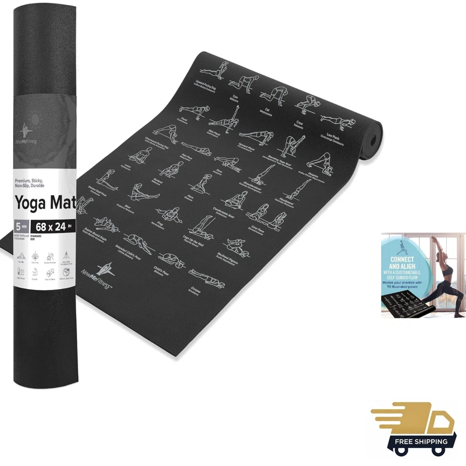 Instructional Yoga Mat Black Printed W/ 70 Illustrated Poses 24 Wide X 68 for