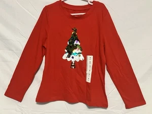 Cat & Jack Kids Sequined Christmas Tree Slong Sleeve T-Shirt Red - Picture 1 of 7