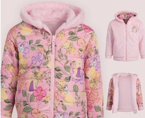 Disney Princess Girls Pink Reversible Hooded Fleece Puffer Jacket Princesses 5 - Picture 1 of 8