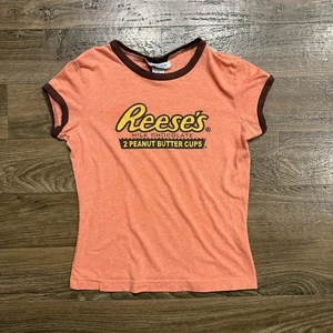 Y2K / Vintage Reese’s Candy Ringer Baby Tee Women’s Medium Chocolate Candy Promo - Picture 1 of 7