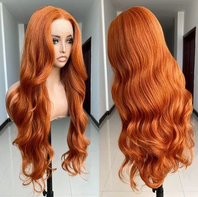 长高清透明花边前假发奥本红色红色金色人类头发波浪卷发 — 第 1/4 张图片
