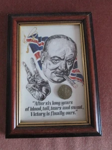 WINSTON CHURCHILL WITH A THREE PENCE PIECE - DATED 1945 - FRAMED - Picture 1 of 1
