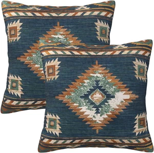 Set of 2 18x18 Western Native American Blue Pillow Covers Boho Aztec Throw - Picture 1 of 9