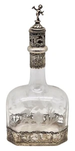 VINTAGE German .800 Silver / Etched Glass Ornate Decanter Bottle Cherub Finial - Picture 1 of 8