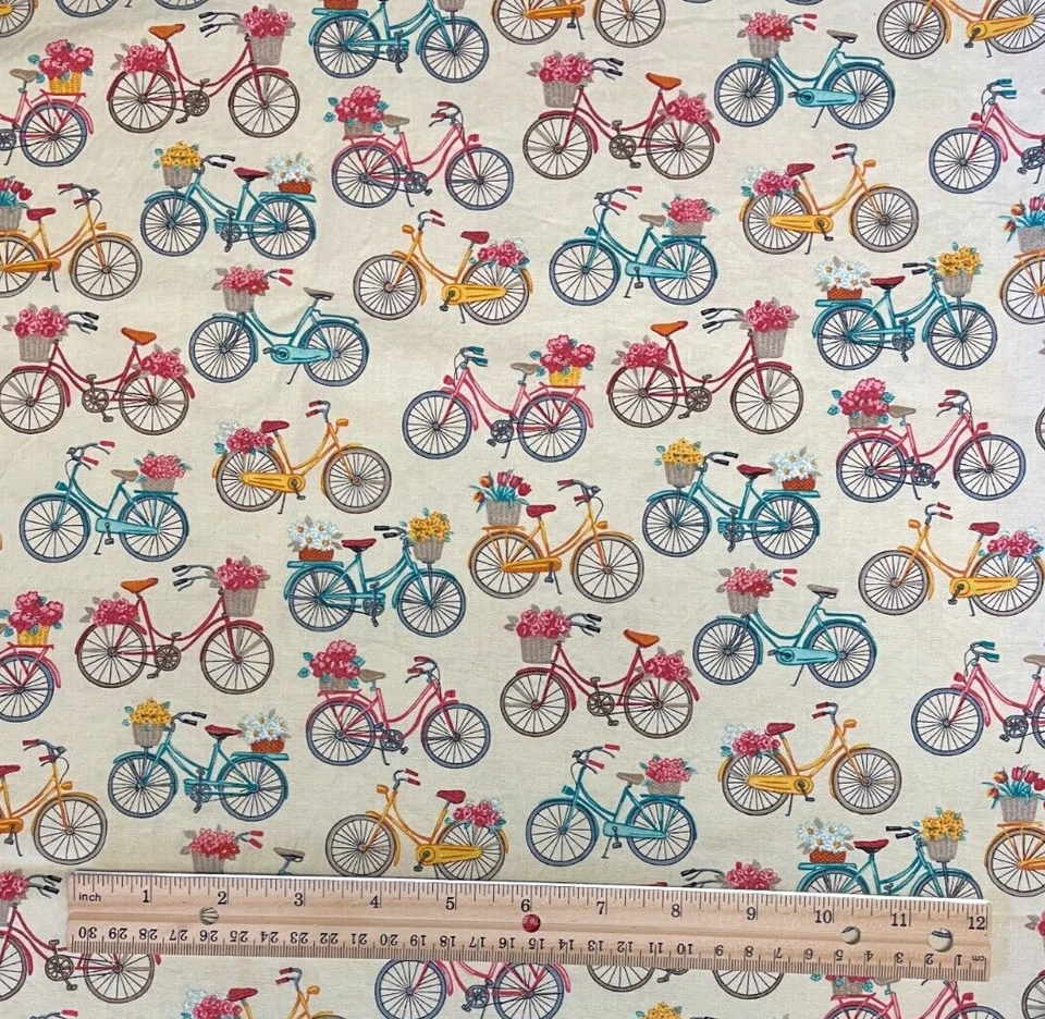 Fabric Bicycles Bikes Flowers Pink Yellow Blue Cream 100% Cotton Quilt 22" long - Image 1 of 1